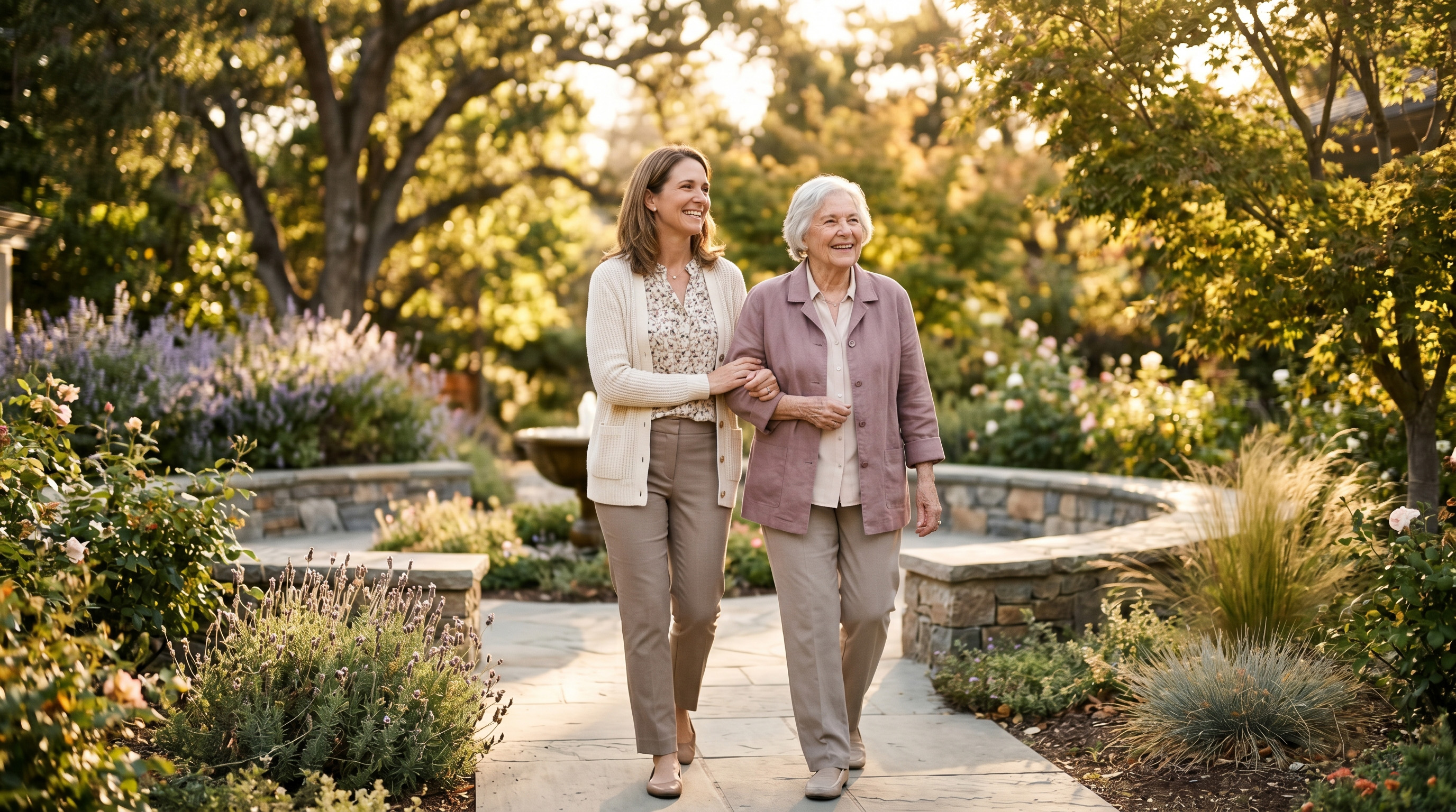Adult daughter walking with her mother through a care community garden